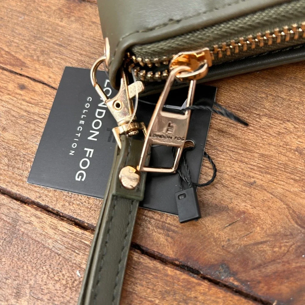 London Fog Collection Olive Green Wristlet Wallet Gold Tone Hardware NWT